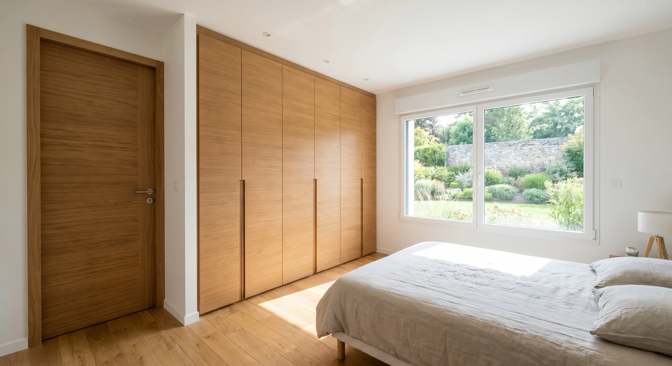 Chambre d'habitation avec une fenêtre PVC moderne blanc donnant sur un jardin, volets roulants intégrés, porte d'entrée aux dimensions harmonieuses, démontrant l'intégration complète des fermetures de menuiserie dans un intérieur résidentiel.