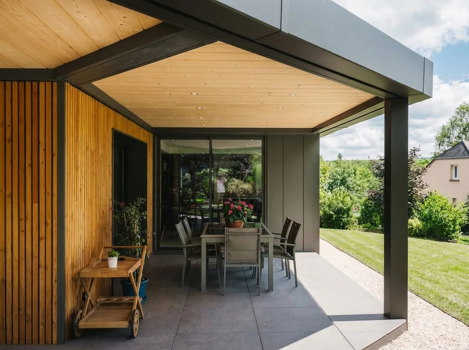 Terrasse couverte moderne avec pergola bioclimatique, plafond en lambris bois naturel avec spots encastrés, structure en aluminium anthracite