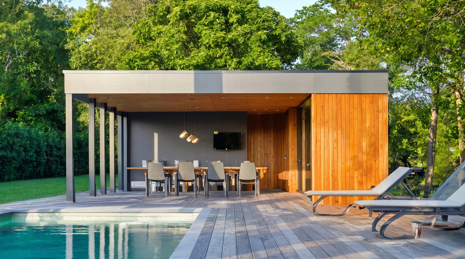 Maison moderne avec extension verrière où une famille se détend dans l'espace de vie lumineux