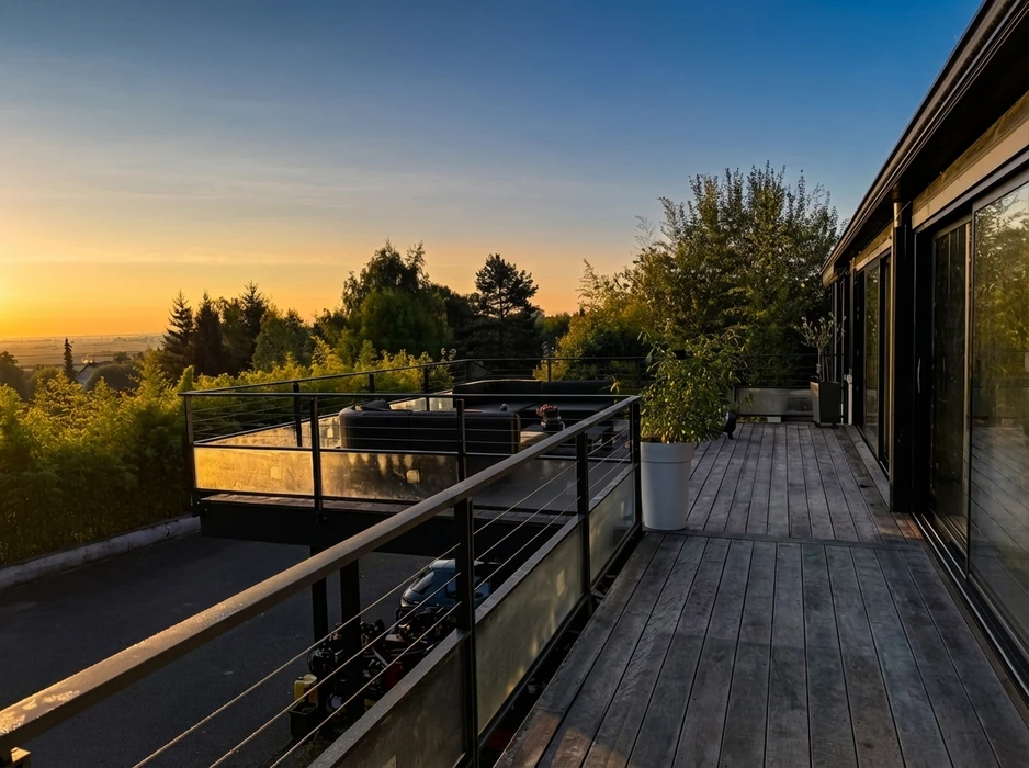 Extension moderne de maison, vue extérieure, jardin soigné avec gazon artificiel, cyprès topiaire et palmier
