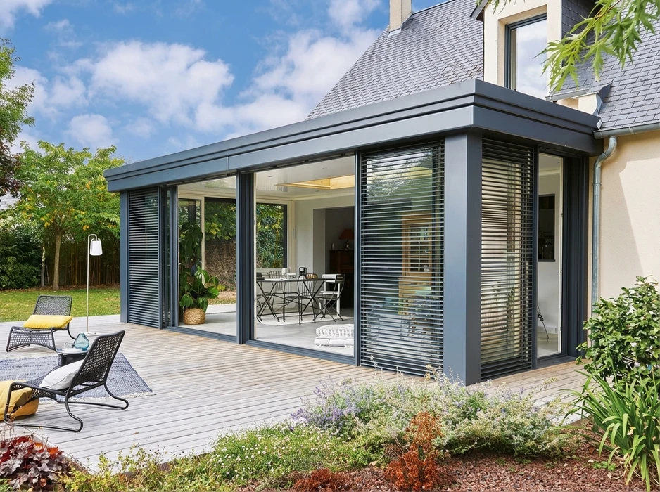 Extension moderne de maison, vue extérieure, jardin soigné avec gazon artificiel, cyprès topiaire et palmier