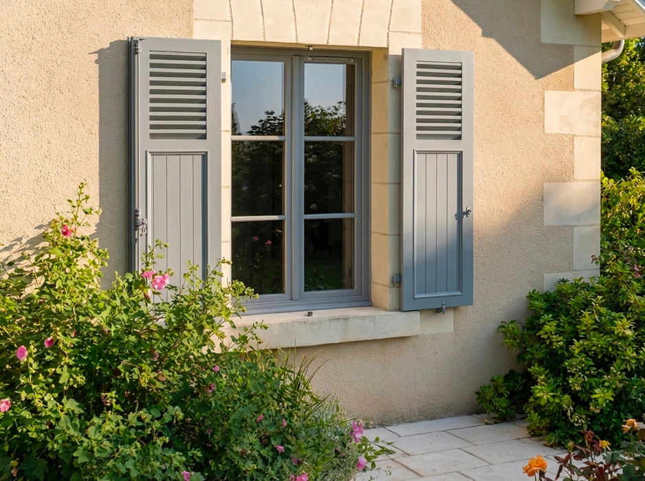 Véranda moderne adossée à une maison en pierre calcaire