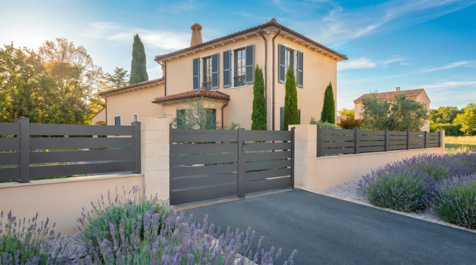 Scène extérieure résidentielle montrant une maison en rénovation avec clôture en bois neuve