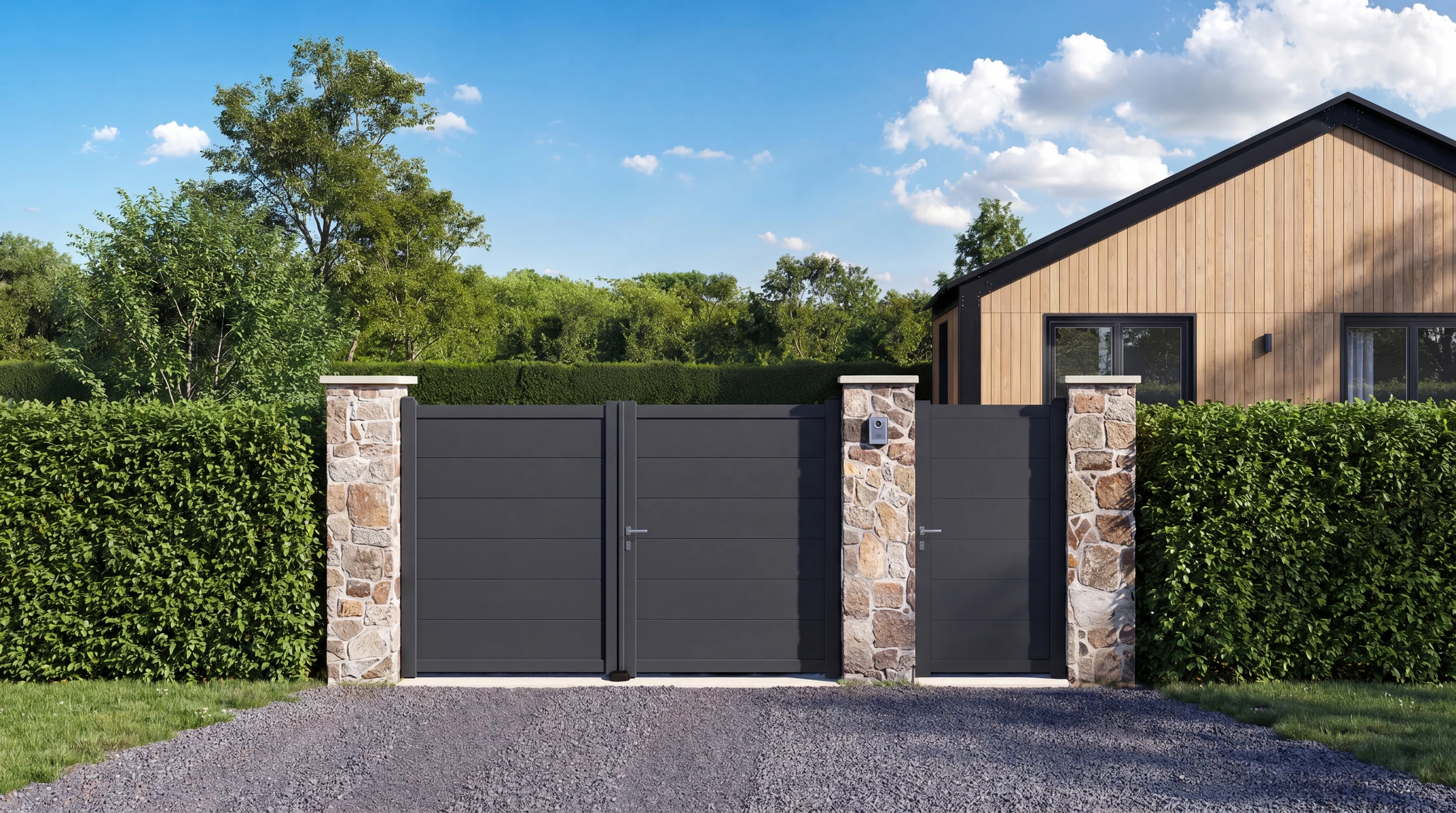 Photographie d'un portail aluminium couleur anthracite ou gris moderne, récemment installé à l'entrée d'une propriété résidentielle, montrant le portail ouvert ou semi-ouvert intégré dans une clôture coordonnée, avec maison d'habitation visible en arrière-plan, sous un ciel naturel, photographié en lumière du jour naturelle.