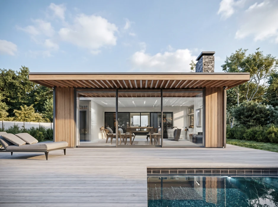 Pergola bioclimatique moderne avec toiture à lames orientables en aluminium anthracite, éclairage LED intégré