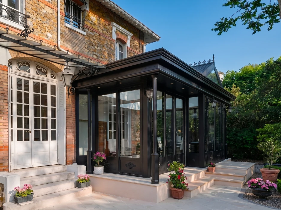 Pergola bioclimatique moderne avec toiture à lames orientables en aluminium anthracite, éclairage LED intégré