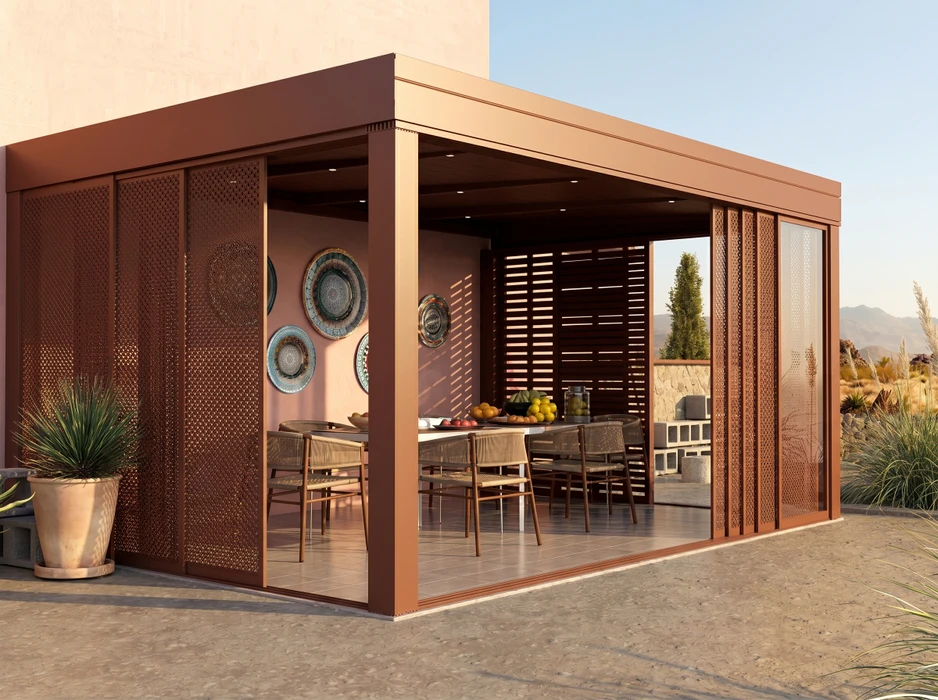 Terrasse couverte moderne avec pergola bioclimatique à lames orientables en aluminium anthracite et vitrage structurel