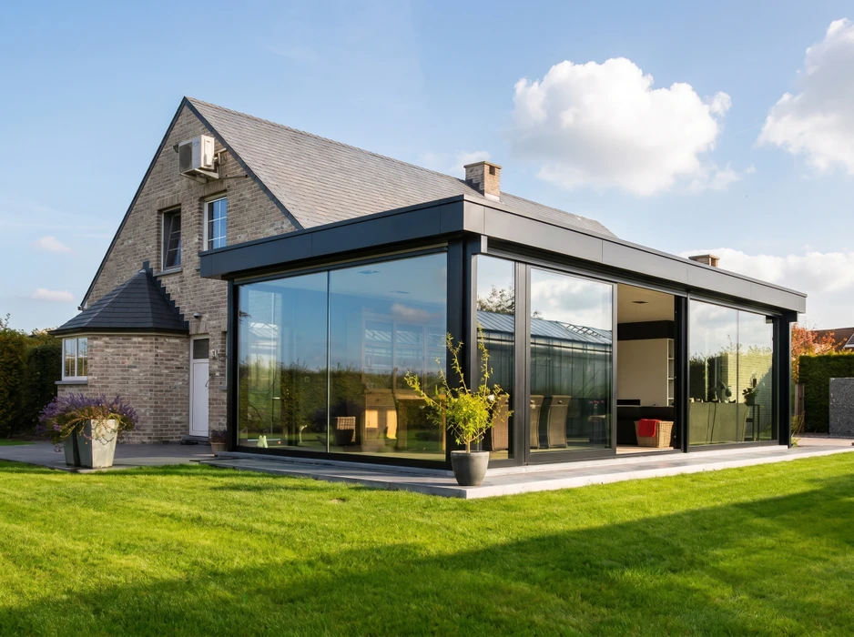 Terrasse couverte moderne avec pergola bioclimatique, plafond en lambris bois naturel avec spots encastrés, structure en aluminium anthracite