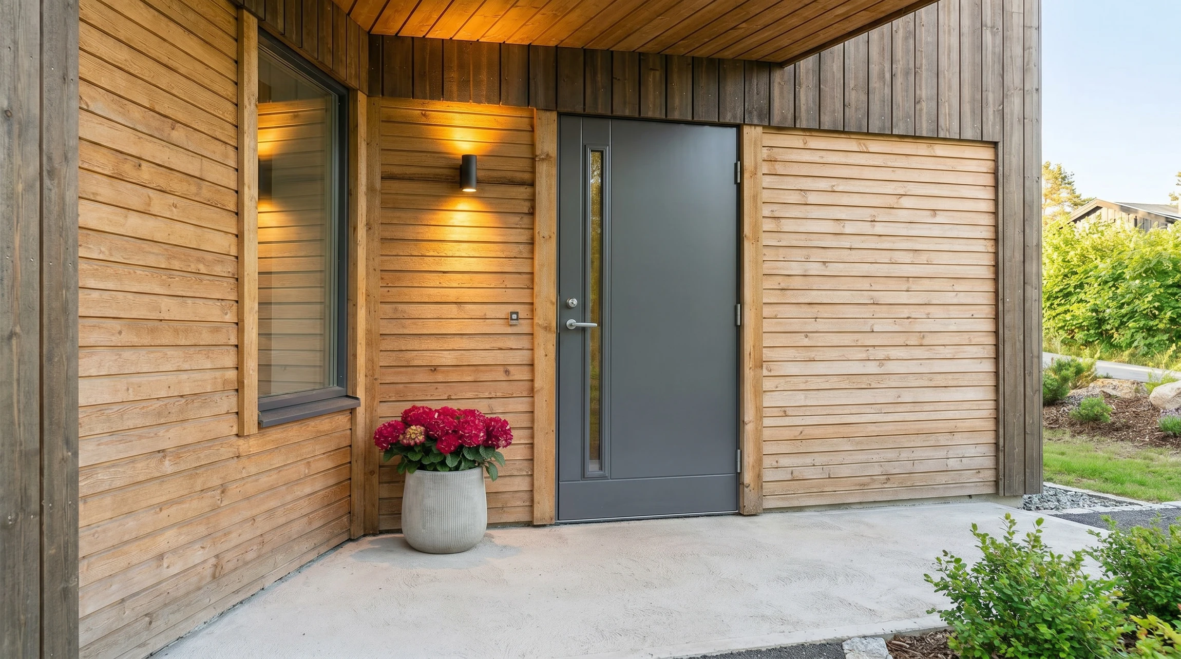 Technicien en salopette rouge et t-shirt blanc installe une serrure sur porte d'entrée en bois foncé dans hall d'immeuble moderne