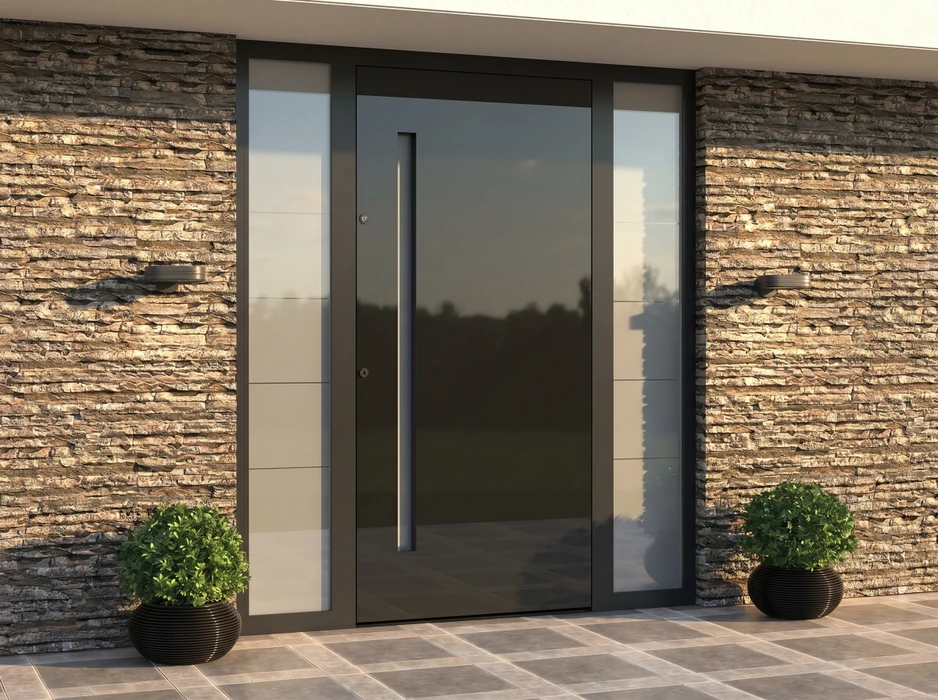 Véranda moderne adossée à une maison à façade orangée, avec terrasse en bois composite