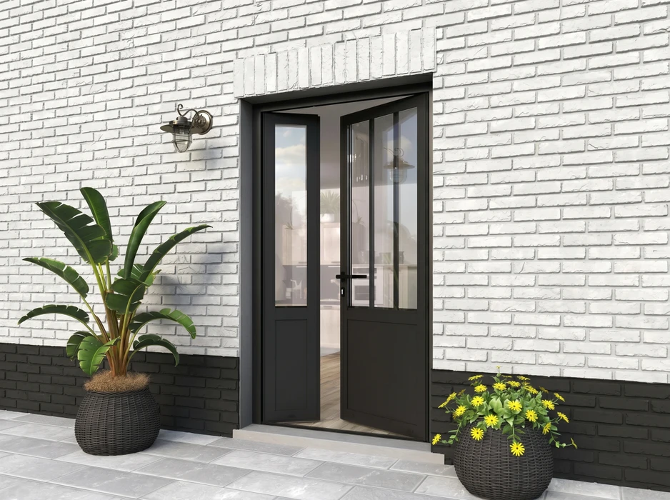 Véranda moderne adossée à une maison à façade orangée, avec terrasse en bois composite