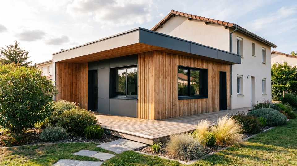 Maison en bois avec toiture végétalisée extensive colorée de rouge et vert, intégrant des fenêtres de toit et cheminée